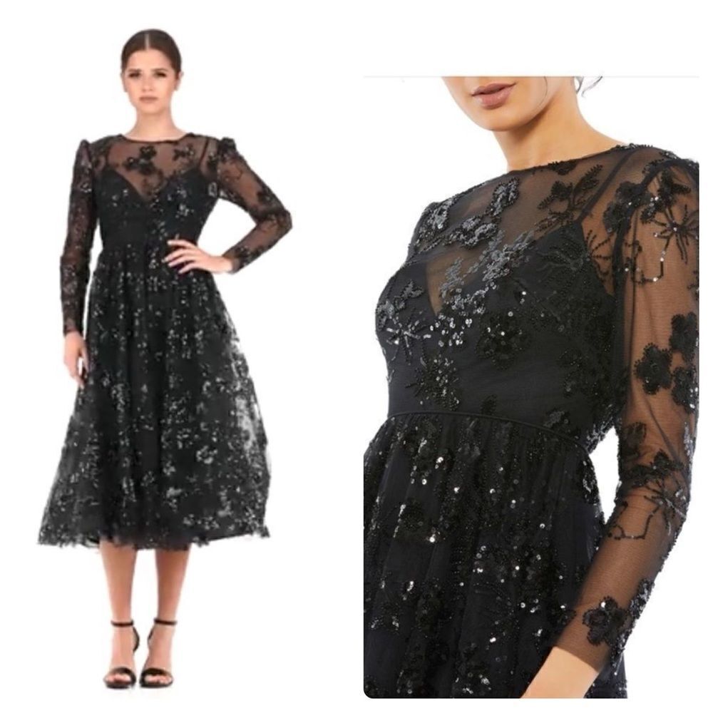 Mac Duggal 67951 Black Embellished Illusion Long Sleeve Midi Dress